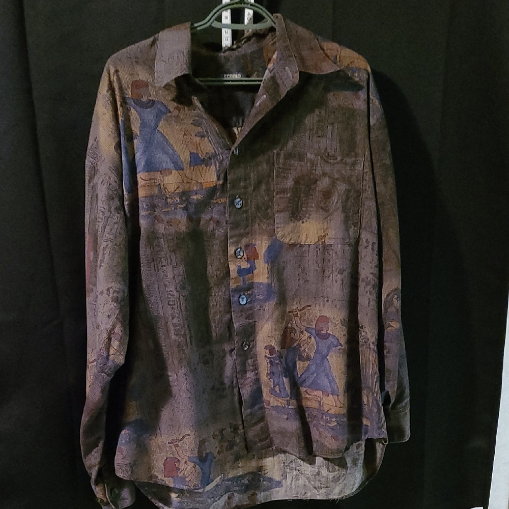 Vintage Egyptian Patterned Button-Up Shirt Size Large